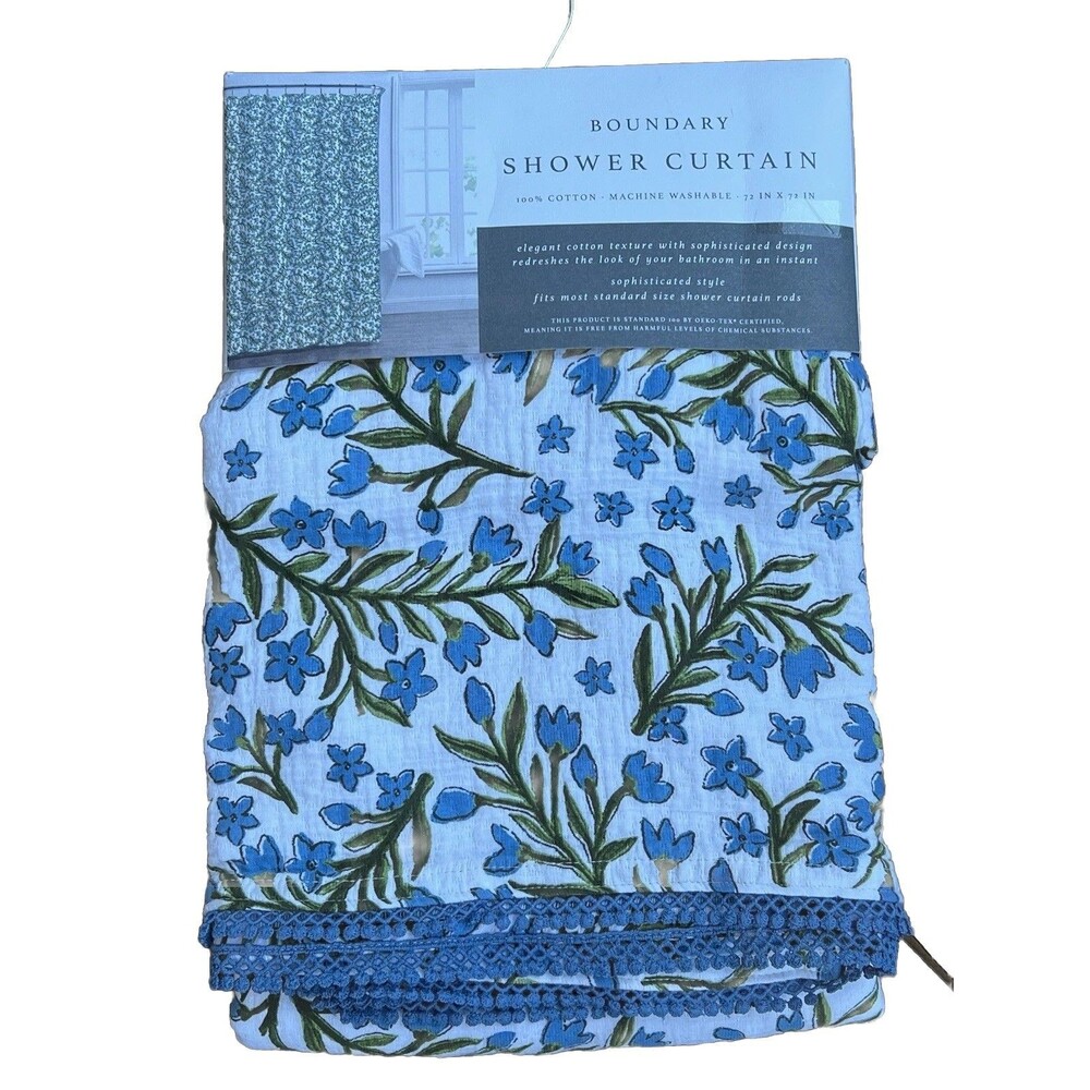 Boundary Shower Curtain Elegant Cotton Texture White Blue Flowers Blue Trim New